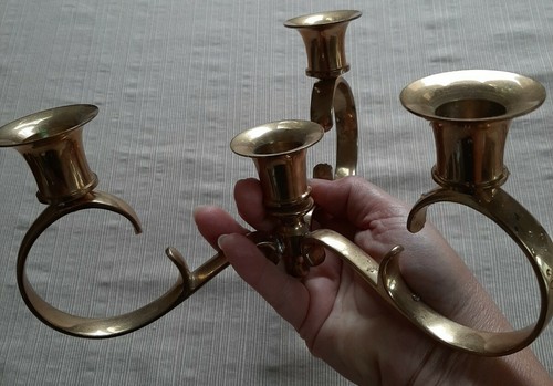 2 Vintage Brass Tabletop Candelabras for 8 Candles triangular shiny patina - Picture 2 of 9