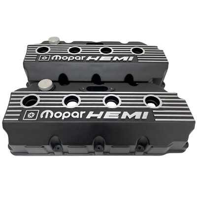 426 HEMI Valve Covers NOS Mopar Raised Logo, Black Powder Coat