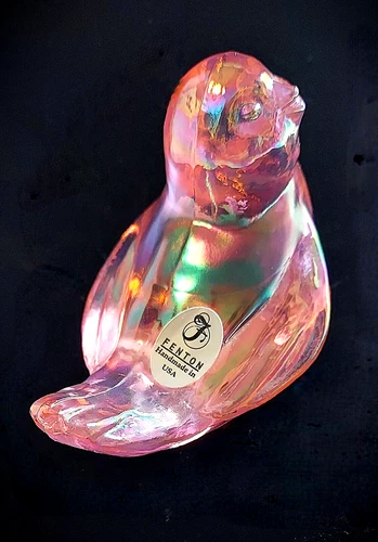 FENTON Iridescent Pink Bird Figure Imprinted with the Fenton Logo and Label