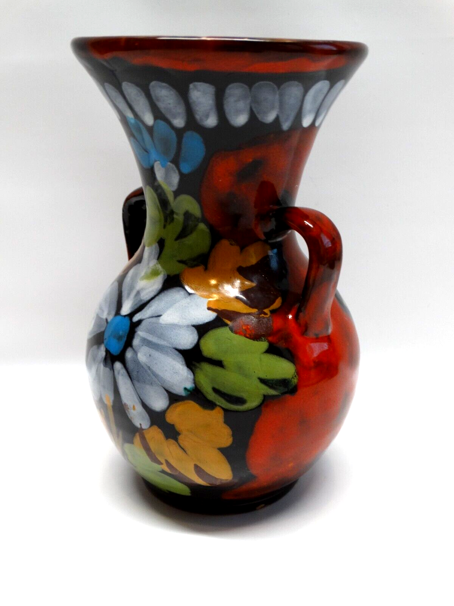 Vintage Red and Black 2 Handled Vase with Floral Design Made in
