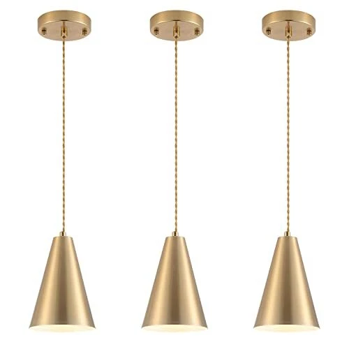 3 Pack Gold Pendant Lights Kitchen Island Fixtures Brushed Brass Cone Metal Mini