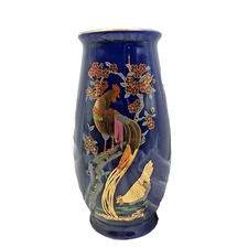 VTG Japanese Vase Cobalt Blue Rooster Sakura Cherry Blossom Gold Accents Signed