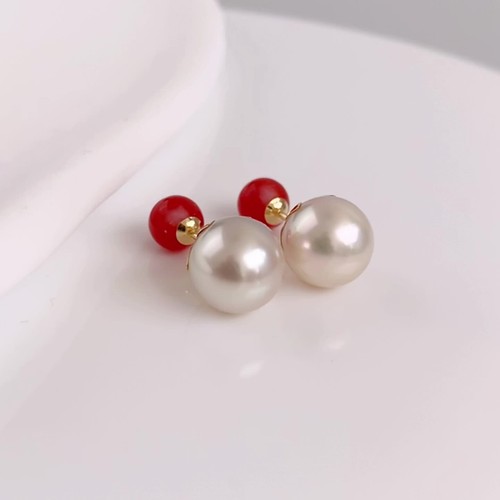 Double Side,Akoya Pearl&Natural Red Coral Earrings 18K Solid Yellow Gold - Video 1 of 1