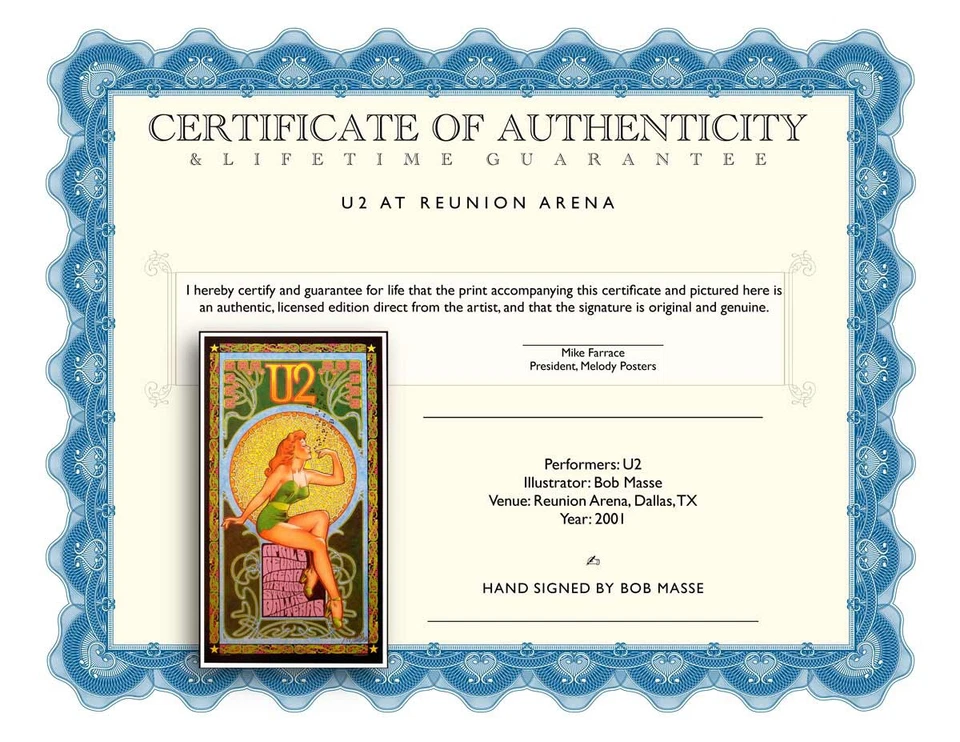 Póster U2 Reunion Arena Dallas Original Estilo Art Nouveau Firmado a Mano Bob Masse Foto 3 de 4