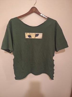 Women's Green Jersey Pullover T-Shirt Boat Neck Distressed Graphic Animal Eyes M