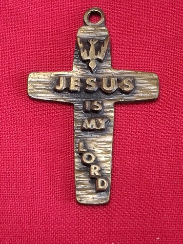 Vintage Bronze 2" Cross "JESUS IS MY LORD" Holy Spirit Dove Medal Pendant 