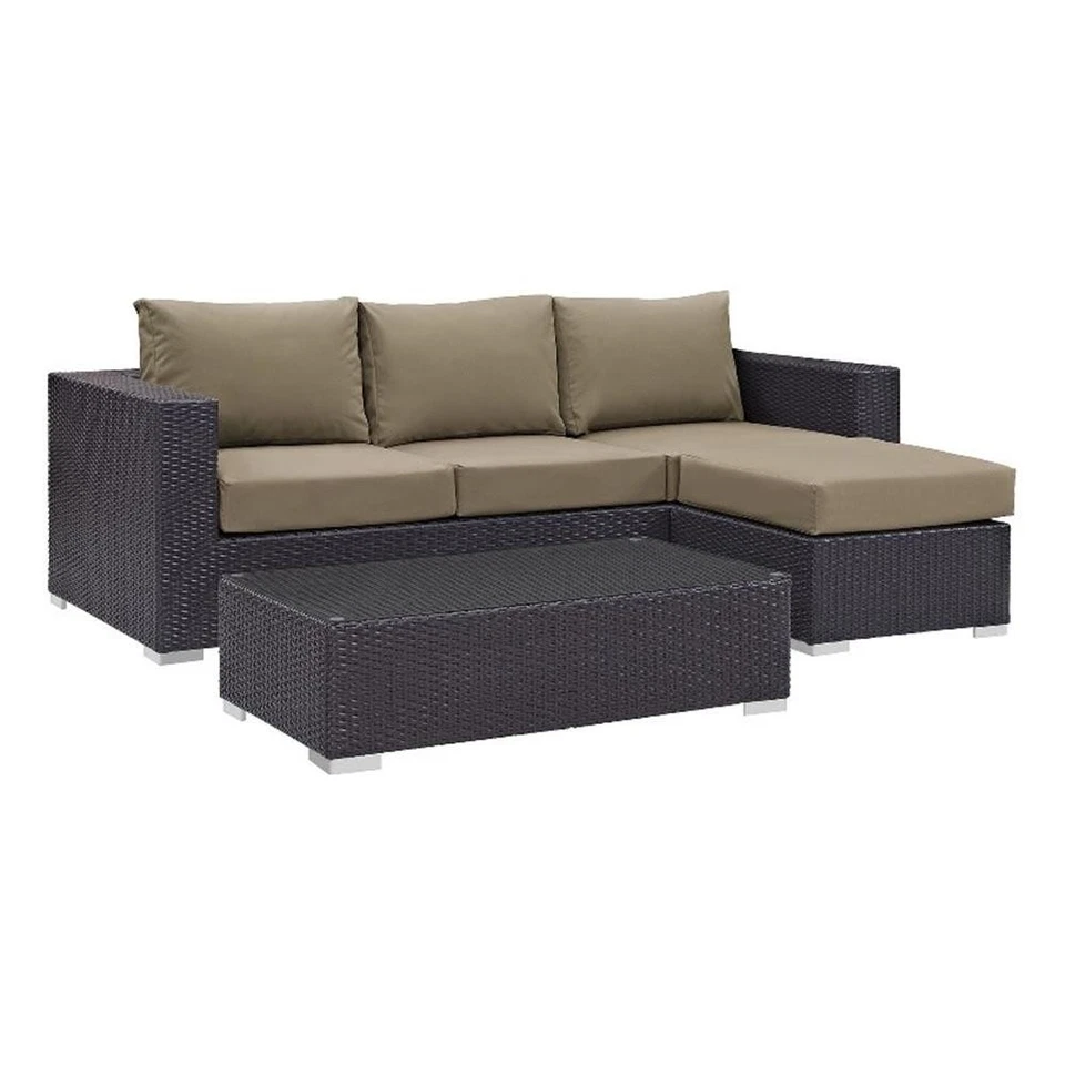 Juego de sofá de patio Modway Convene de 3 piezas de aluminio y ratán en espresso/moca Foto 2 de 4