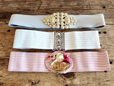 Vintage Stretch Belts Lot Charmant Pink Silver White Ornate Buckles 80's