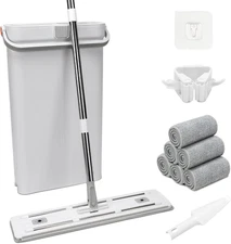 Flat Mop and Bucket Set with Wringer,Flat Squeeze Mop Head for Home Floor Cle...