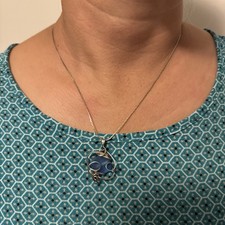 Handmade Unique Silver Tone Wire Wrapped Blue Sea Glass 18"Sterling Silver Chain