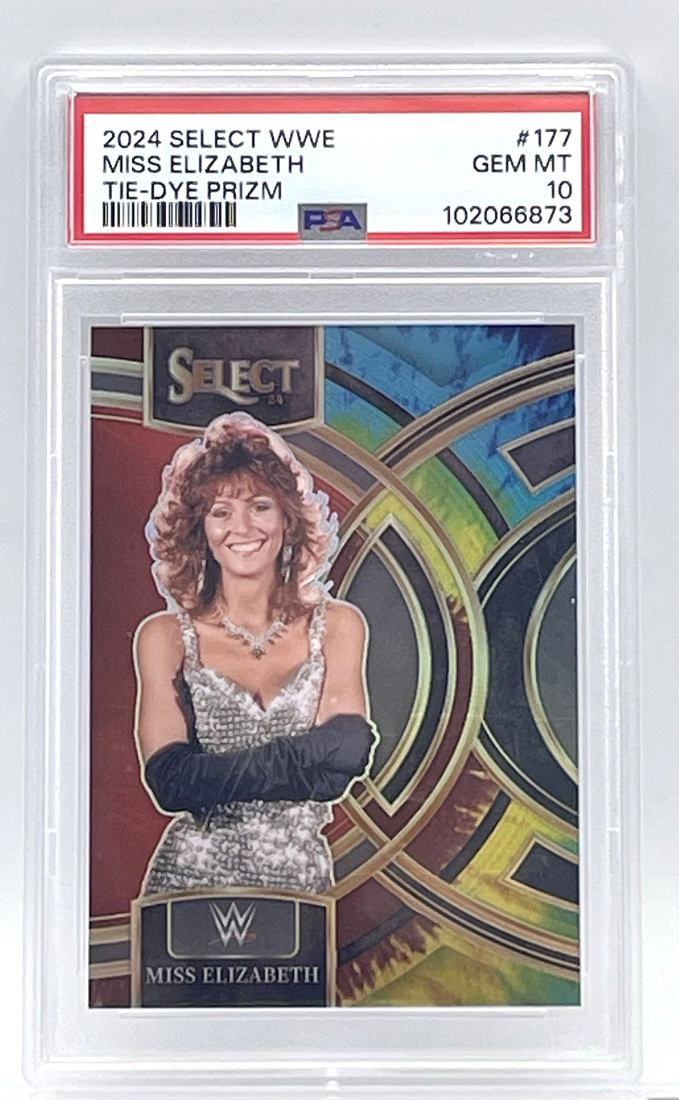 MISS ELIZABETH - 2024 PANINI WWE SELECT PREMIER TIE-DYE PRIZM #12/25 - PSA 10 view 2