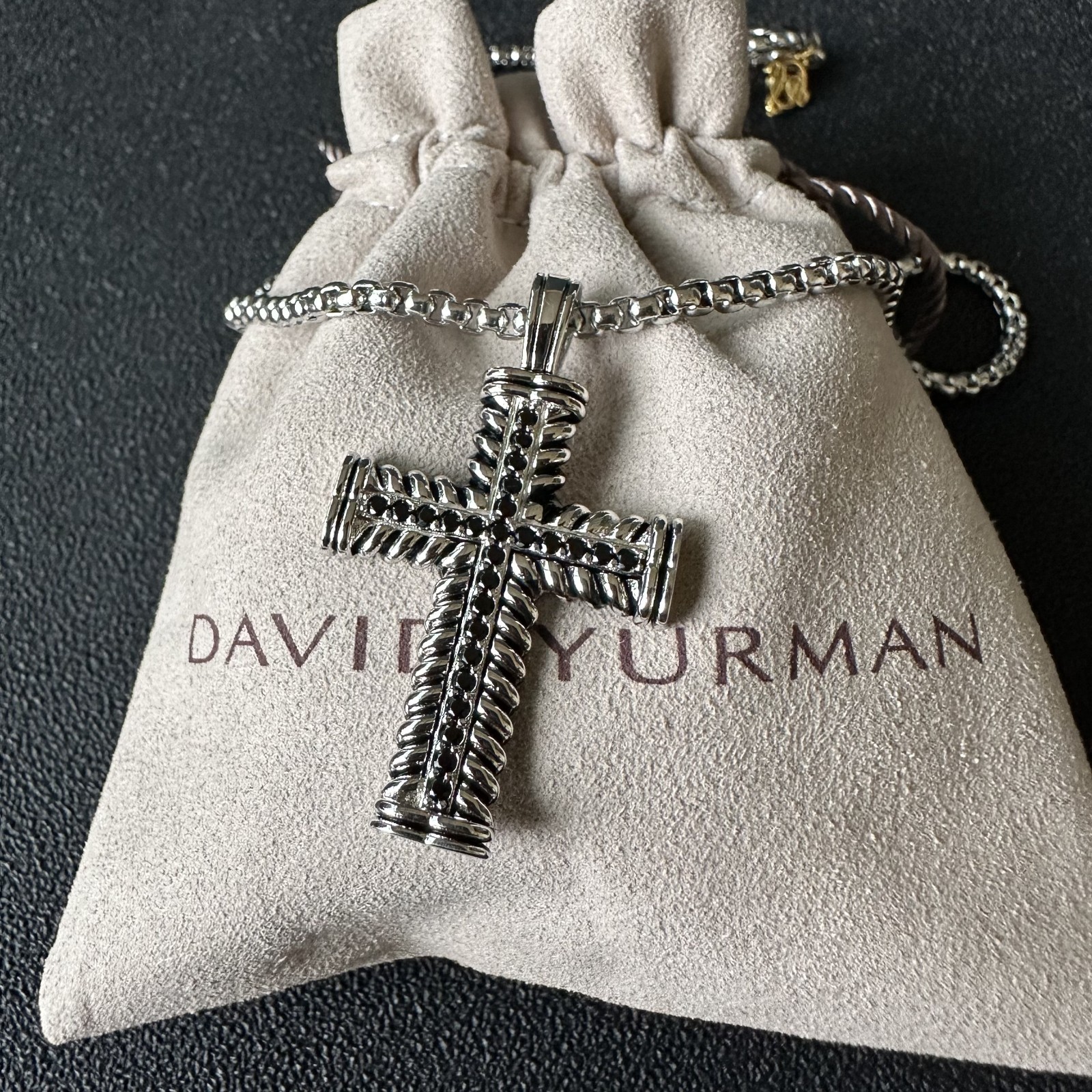 David Yurman Chevron Cross Pendant 925 Sterling Silver  with Black Diamonds 20