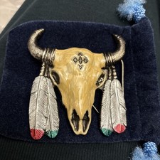Vintage Cow Skull And Feathers Belt Buckle With Enameled Face 6.28 Ounces
