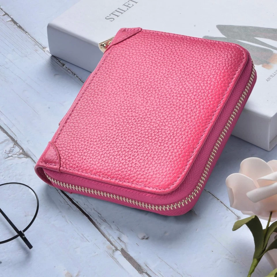 Easyoulife Womens Credit Card Holder Wallet Zip Leather Case RFID Rose - Image 2 of 4