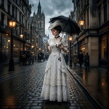 Ivory Lace Victorian Edwardian Prom Dress High Neck Puff Sleeve Tiered Vintage