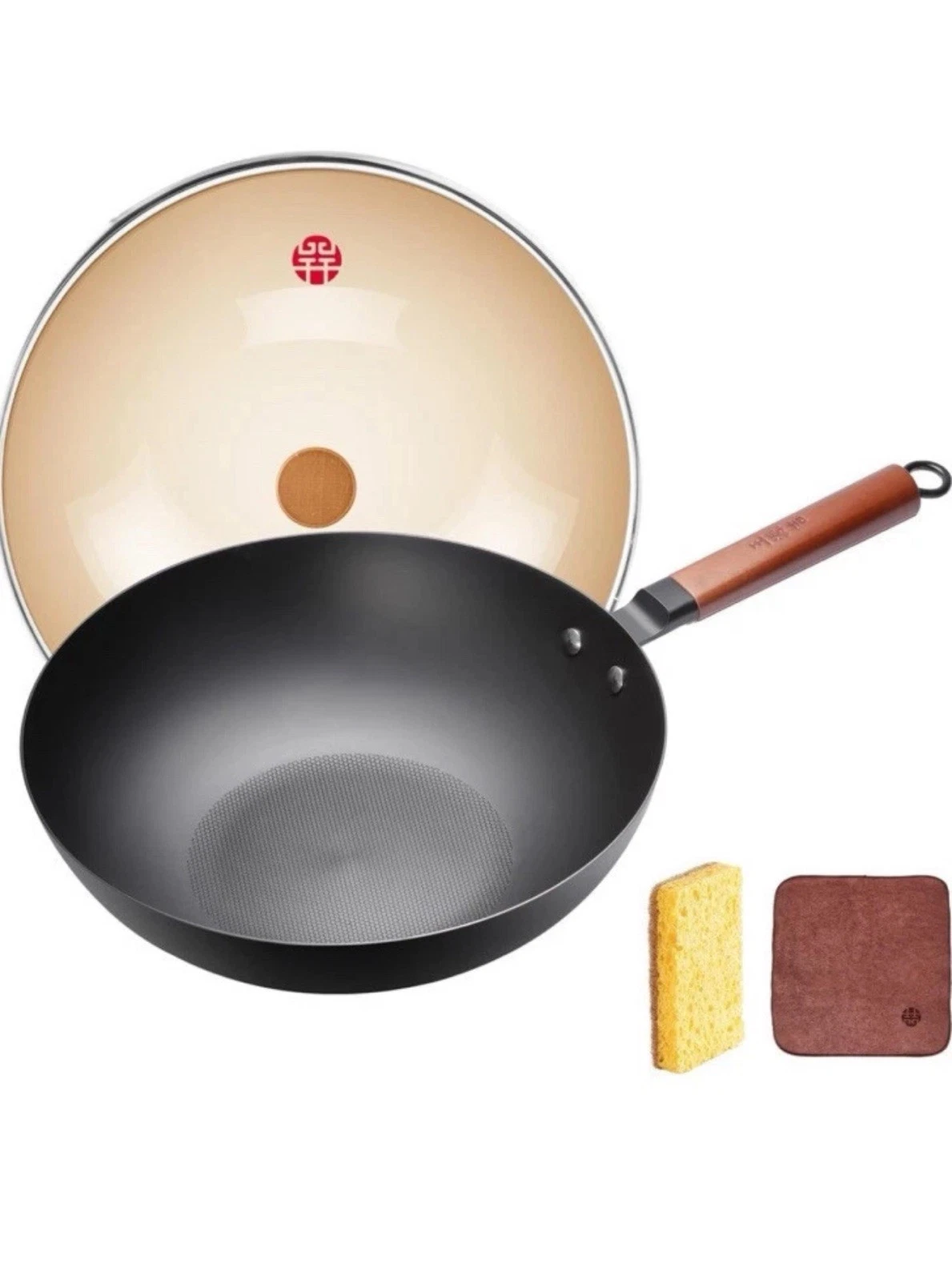 WANGYUANJI Iron Wok 12.6” Wooden Handle Chinese Iron Pot Carbon Steel Wok