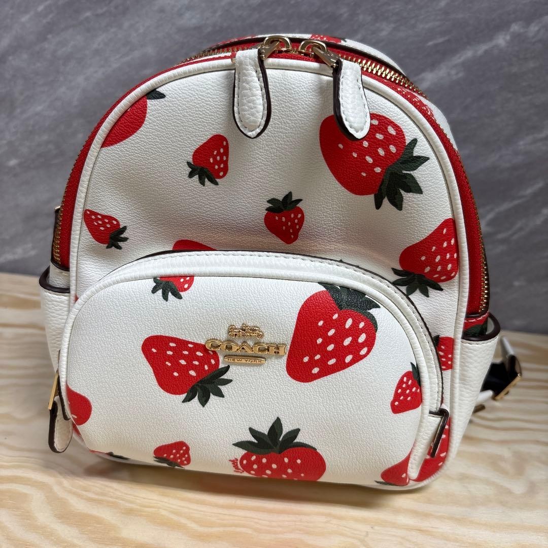 Coach Strawberry Pattern Small Backpack White Can… - image 7