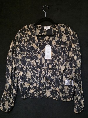 Noa Noa Floral Sheer Blouse Top M Silk Blend Boho Long Sleeve Semi Sheer NWT
