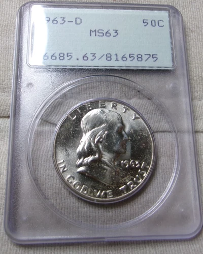 1963 D SILVER UNCIRCULATED FRANKLIN HALF DOLLAR PCGS MS 63 OLD GREEN HOLDER