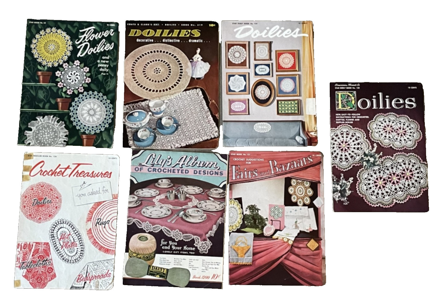 7 Vintage Star, Coats & Clark,  Lily's Ruffled Doilies Crochet Pattern Books