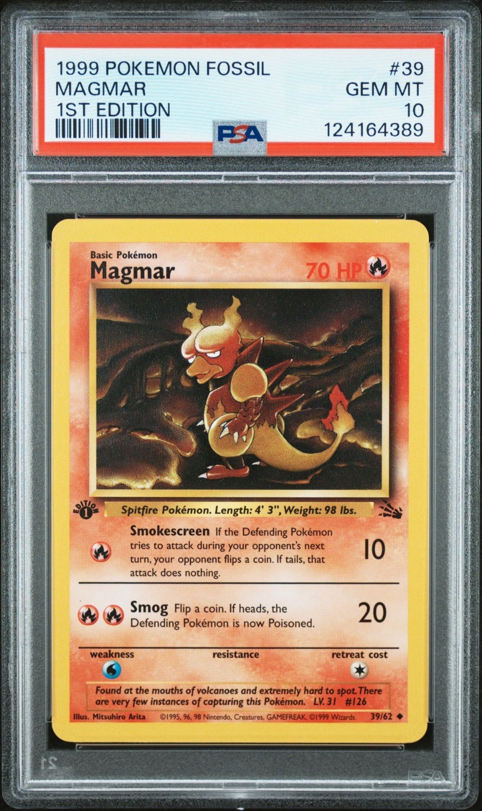 1999 POKEMON FOSSIL MAGMAR 1ST EDITION #39 PSA 10 GEM MINT