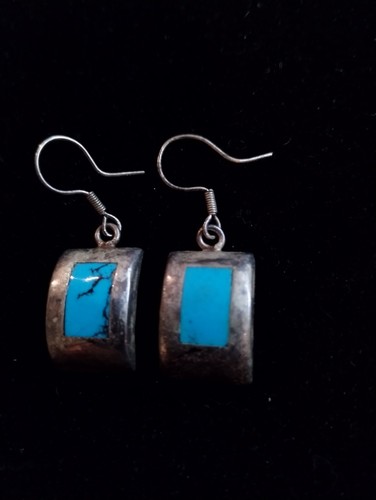 Vintage 925  Mexico Sterling Silver Earrings Inlay Turquoise Blue Stone - Picture 3 of 8