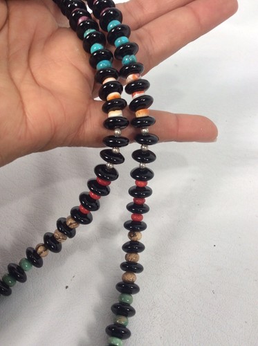 Native American Navajo Sterling Silver Turquoise Onyx Spiny Oyster Bead Necklace - Picture 3 of 6