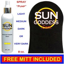 SUN GODDESS Sunless Self Tanning Spray Pump 8 oz  Mitt, Gloves  Best Tanner.