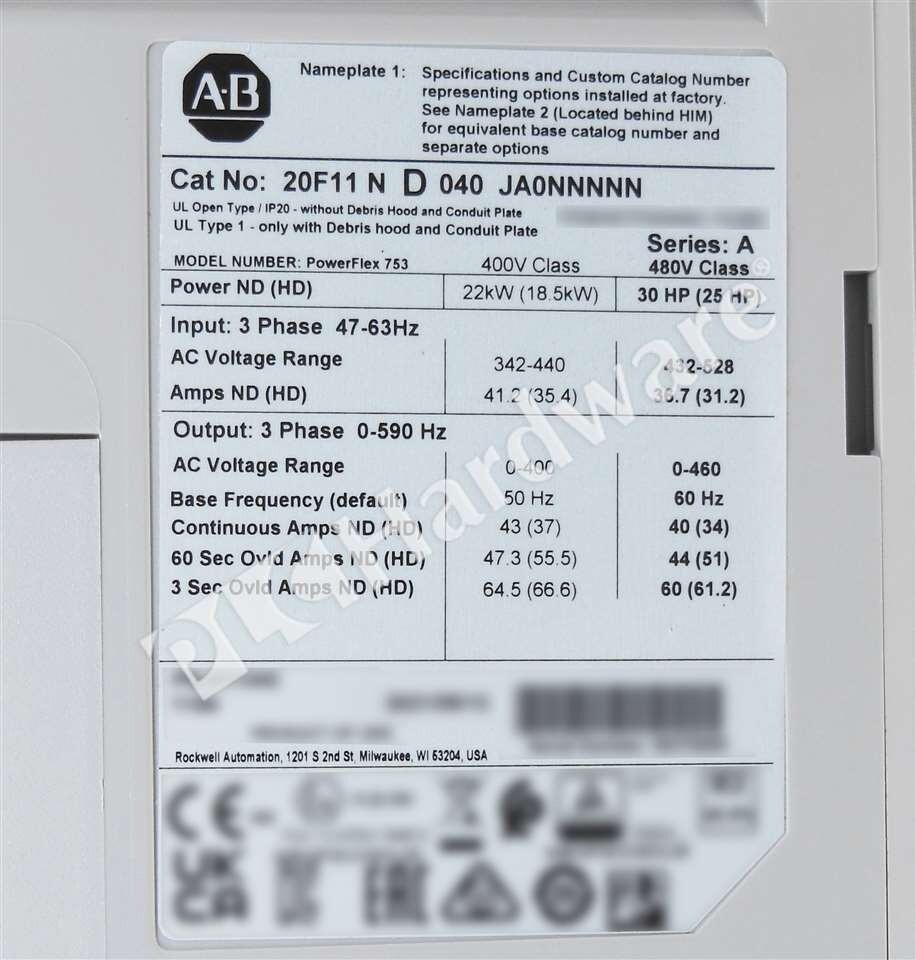 Allen Bradley 20F11ND040JA0NNNNN /A PowerFlex 753 480V 40A 30HP
