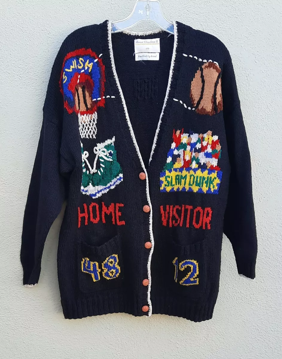 Vintage Marisa Christina Hand Knit Black Sports Basketball Cardigan Sweater