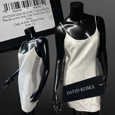 David Koma Women's Cami Mini Dress White Crystal Embroider Side Panel Sz12 $1945