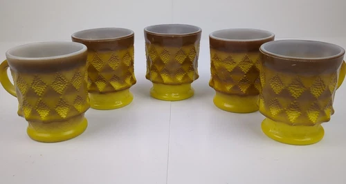 Vintage MCM Fire King Kimberly Diamond Ombre Brown and Yellow Mugs Lot of 5