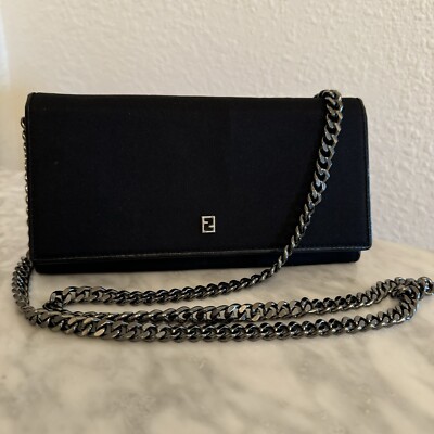 Authentic FENDI Logo Classic Black Long Bifold Wallet Purse Canvas Plus Chain