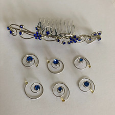 Silver Bridal Royal Blue Crystal Hair Comb Hair Piece Prom Party  6 Sparkettes
