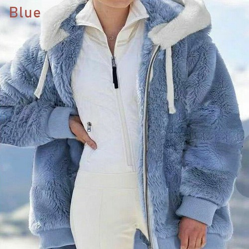 Women's Winter Warm Loose Plush Plain Color Zipper Hooded Jacket Coat Plus - Picture 8 of 11