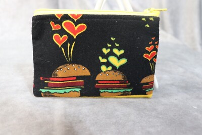 Unbranded Homemade 5X3 Coin Purse Black Burgers Hearts Print Yellow Zipper