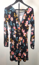 LOFT Floral Dress Womens XS Black Pink Long Sleeve Fit Flare Mini Boho