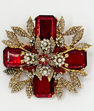 MARK MERCY M&M DESIGNS FLA. Large Flower Motif Brooch Red Rectangle Crystals
