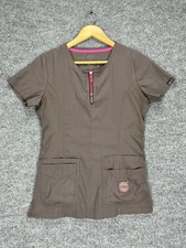 Koi Lite Scrubs Top Women Small Short Sleeve Zip Neckline Brown Grey Slim Fit