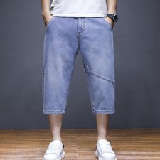 Herren 3/4 Lange Jeansshorts Straight Cropped Jeans mit Tasche Hip Hop Blau