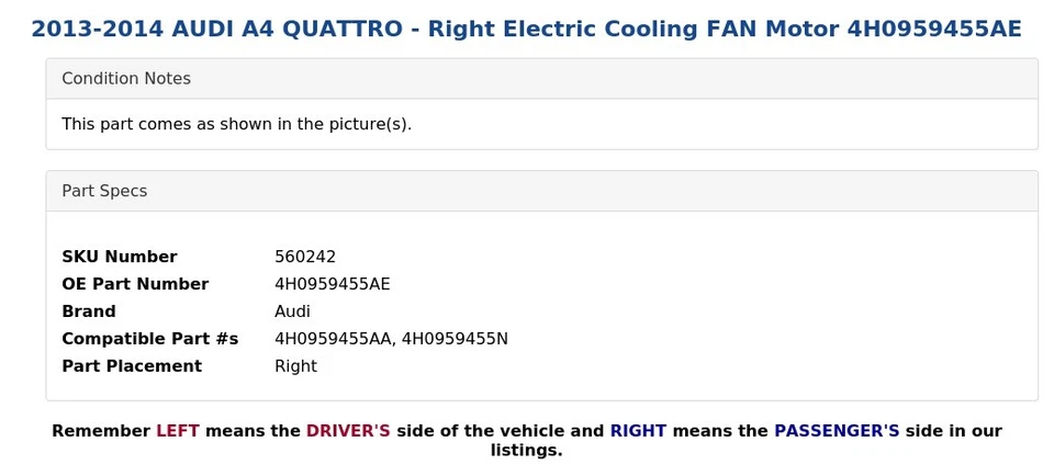 AUDI A4 QUATTRO 2013-2014 - Motor ventilador eléctrico derecho 4H0959455AE Foto 3 de 4