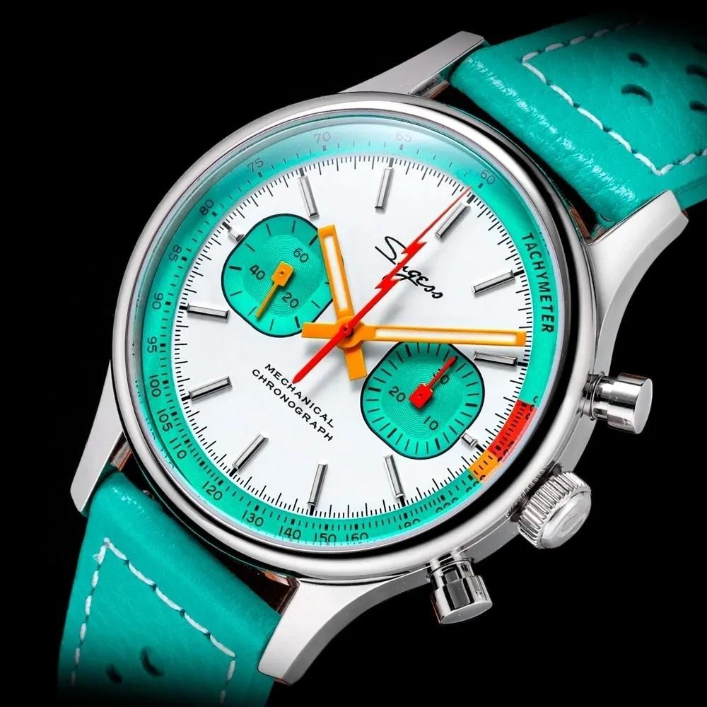Seestern Sugess Orologio Meccanico Cronografo Uomo – Cassa Acciaio 316L Oro Rosa 42 Mm, Quadrante Blu, Cinturino Pelle, Movimento Seagull ST1901 A Carica Manuale - 2
