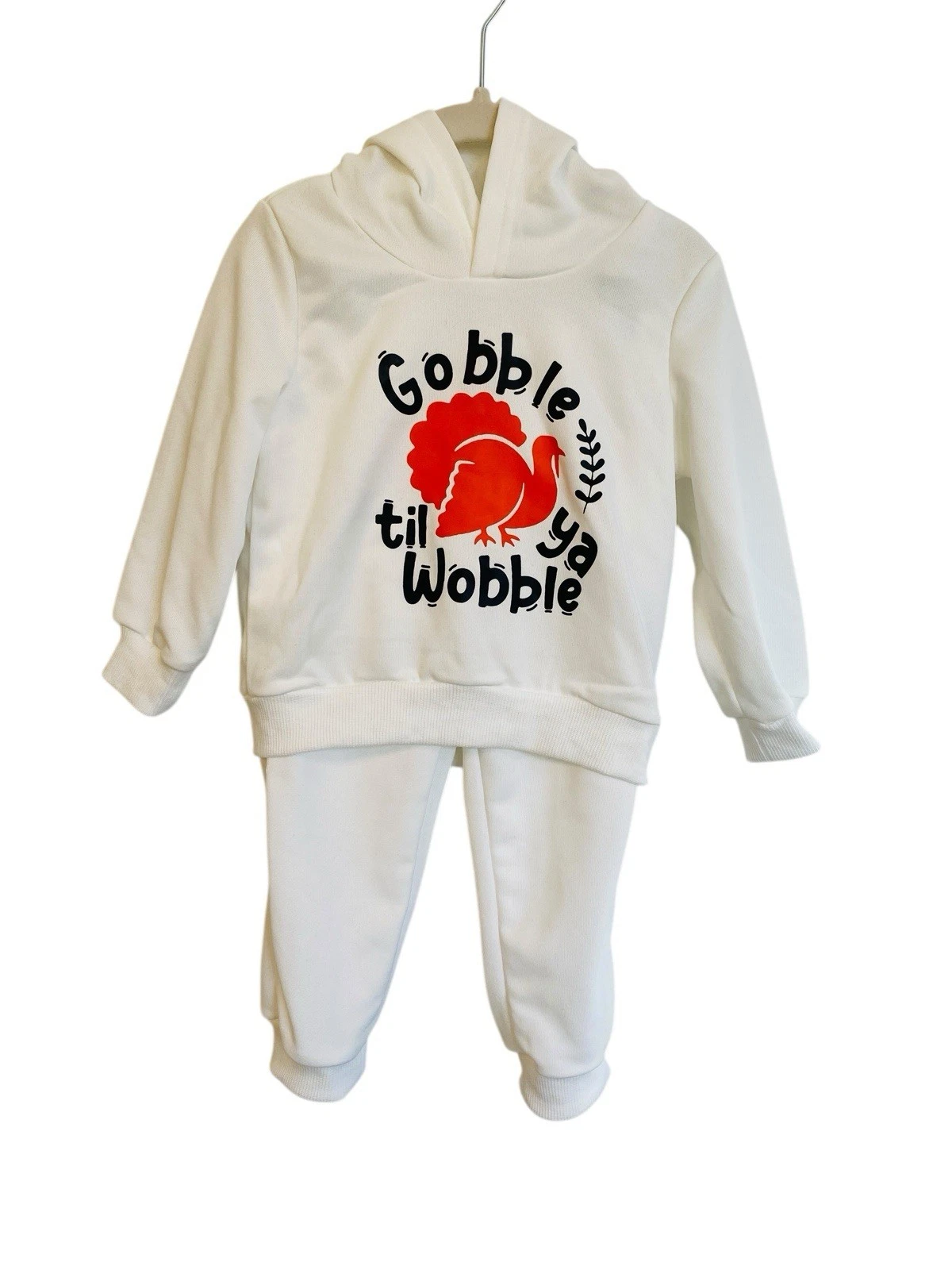 Turkey “Gobble Til Ya Wobble” White, 2pc Hooded Track Suit, Toddler Size 2T-3T