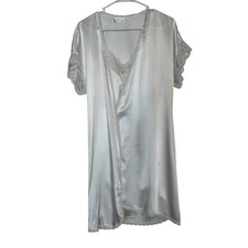 Vintage Sears Satin Peignoir Set Robe M Nightgown S White Lace Trim Made in USA