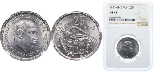 Spain 1957 69 25 Pesetas Coppernickel 75 copper 25 nickel NGC MS 63