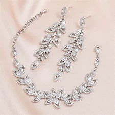 Brand Shiny Buling Micropaved Zirconia Leaf Long Earrings Chain Bracelet Charm W