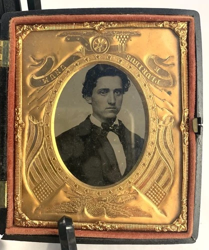Civil War Era Young Man Ambrotype Thermoplastic Case w Cannon Flag Eagle Flaw