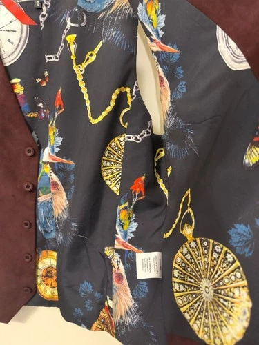 Paisley & Gray Mens M Slim Fit Vest Burgundy Faux Suede Pocket Watch Bird Print image 5