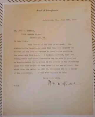 1917 Letter Senator & Future Pennsylvania Governor William C Sproul Signed RARE
