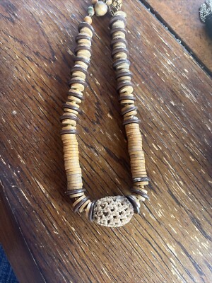 Vintage Signed Miriam Haskell Wood Beaded Necklace Rare With Hook Clasp W/flower
